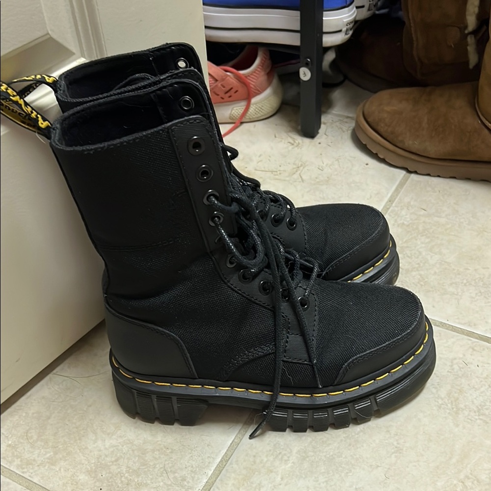 Black Combat Boots with Yellow Stitching